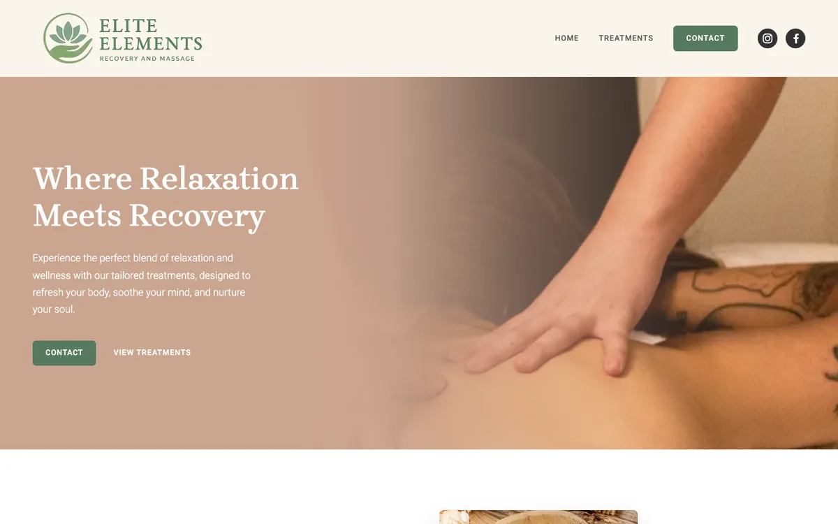 Elite Elements massage studio website screenshot